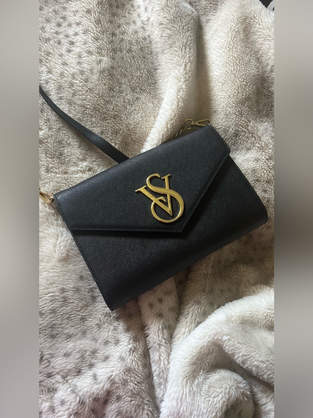 Victoria’s Secret Black Crossbody Envelope Bag with Gold Monogram Accent